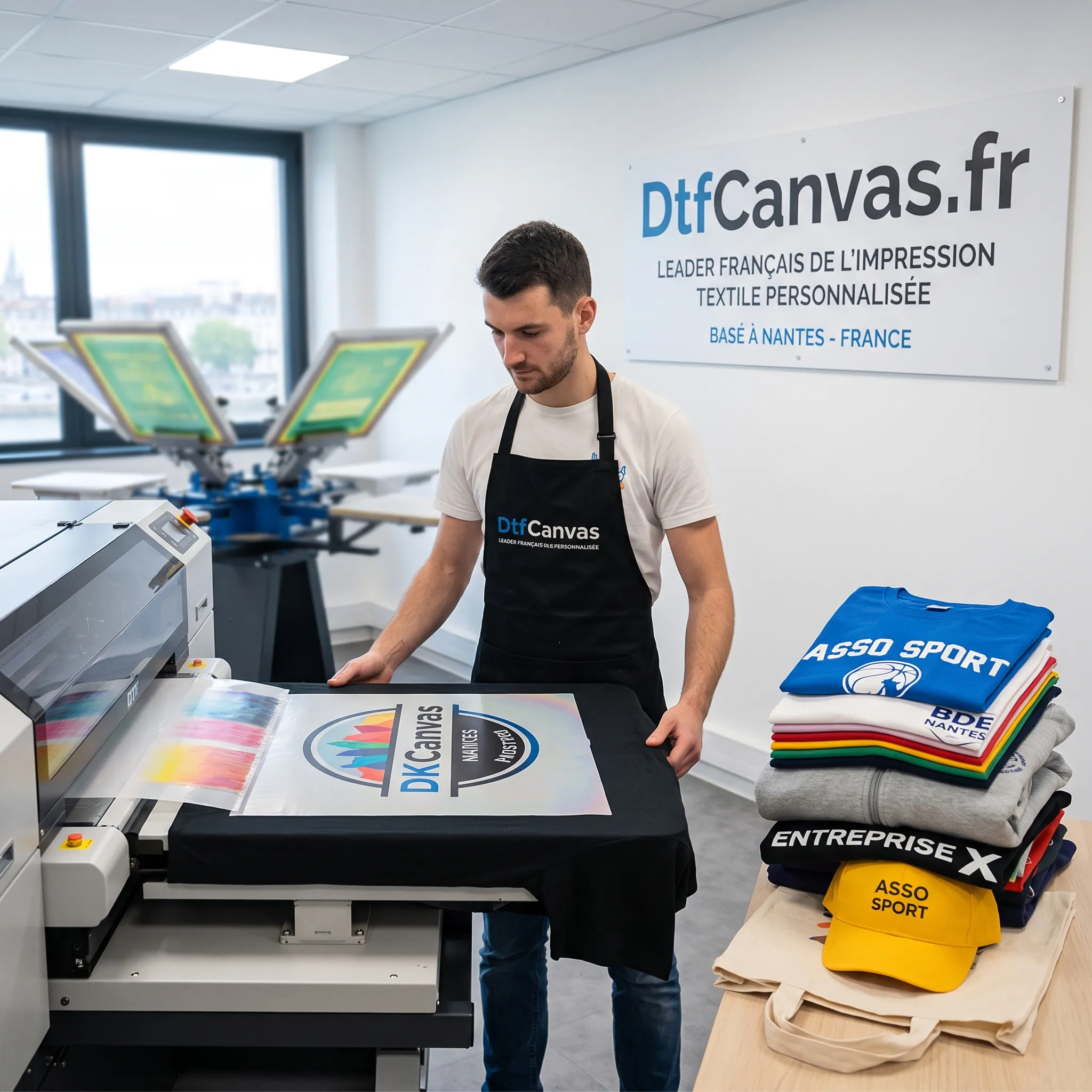 Équipe de techniciens DtfCanvas contrôlant une impression textile à Nantes