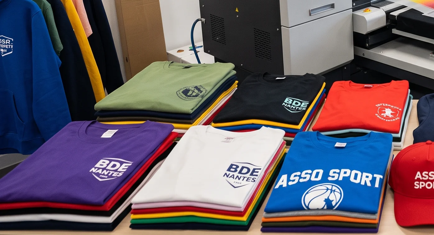 Pile de t-shirts en coton bio personnalisés pliés après contrôle qualité