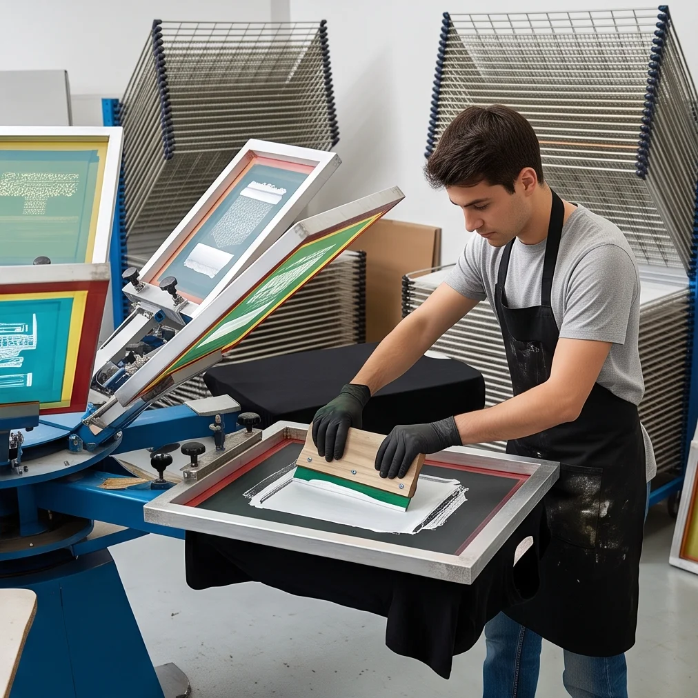 Carrousel de sérigraphie textile appliquant les encres sur t-shirts